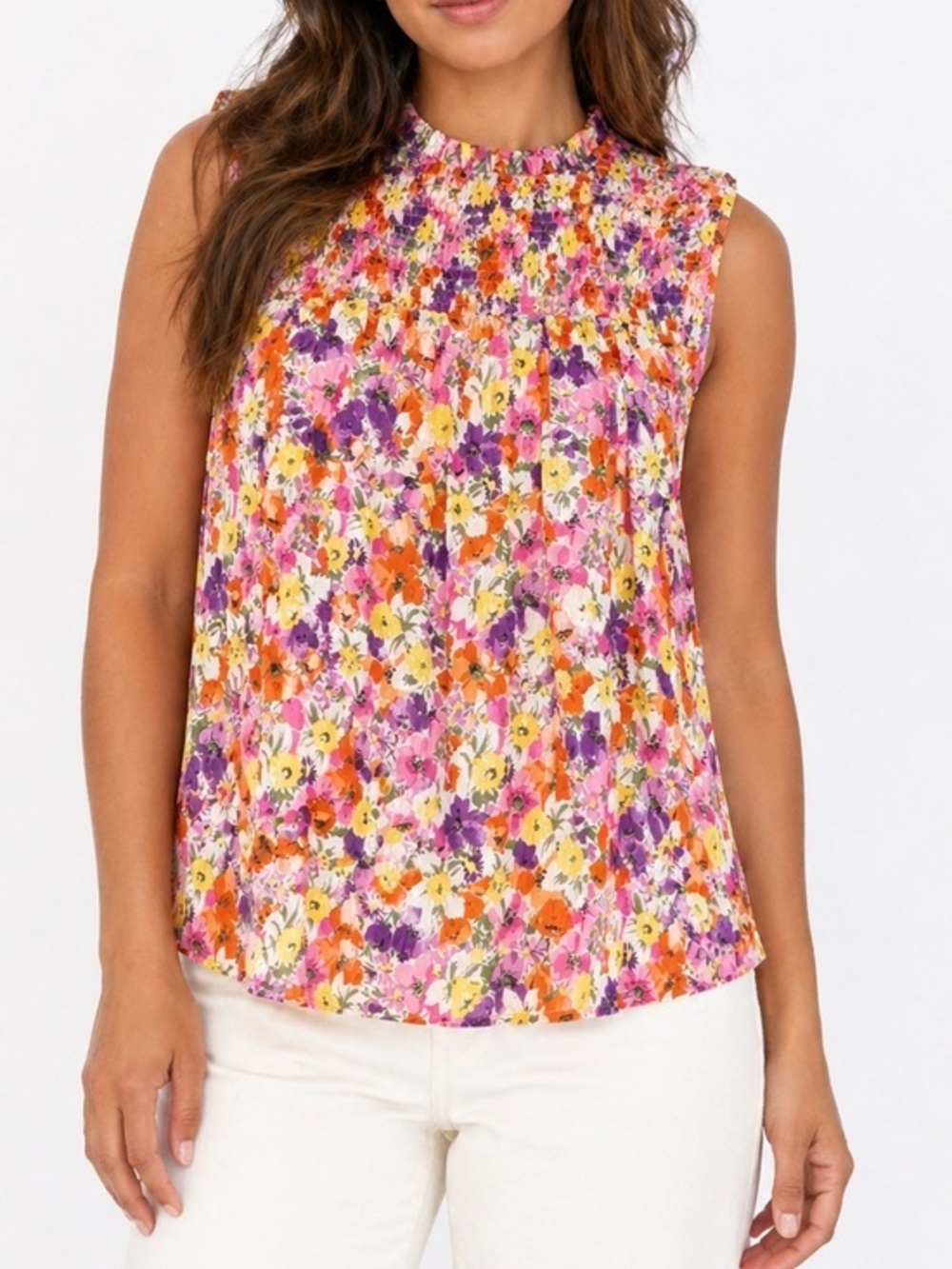 Maison d’Amelie Floral Smocked Blouse Sleeveless Clip Dot Top XS